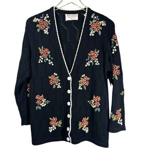 VINTAGE MARISA CHRISTINA Women's Medium Black Floral Embroidered V-Neck Sweater
